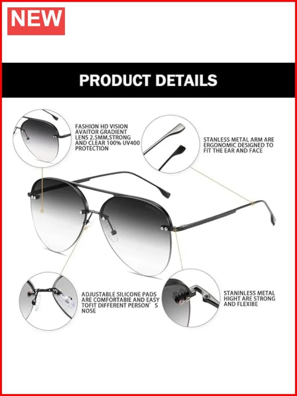 Rimless Aviator Sunglasses Oversized UV400 Metal Frame Gradient Mirrored Lens